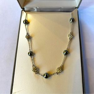 Vintage Nolan Miller Silver Tinsel Town Pearl and Crystal Necklace